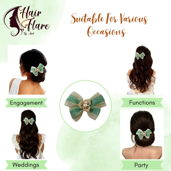 "Elegant_Zari_Net_Fabric_Hair_Bow_with_Artificial_Flower,_Nag_Adorn,_and_Secure_Clip_Attachment_for_Stylish_Hair_Accessory"
