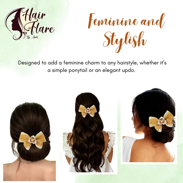 "Elegant_Zari_Net_Fabric_Hair_Bow_with_Artificial_Flower,_Nag_Adorn,_and_Secure_Clip_Attachment_for_Stylish_Hair_Accessory"
