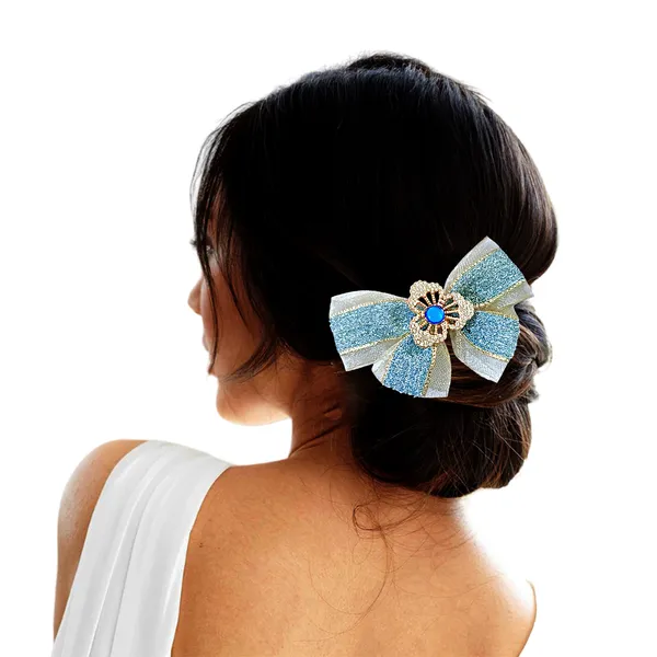 "Elegant_Zari_Net_Fabric_Hair_Bow_with_Artificial_Flower,_Nag_Adorn,_and_Secure_Clip_Attachment_for_Stylish_Hair_Accessory"