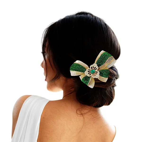 "Elegant_Zari_Net_Fabric_Hair_Bow_with_Artificial_Flower,_Nag_Adorn,_and_Secure_Clip_Attachment_for_Stylish_Hair_Accessory"