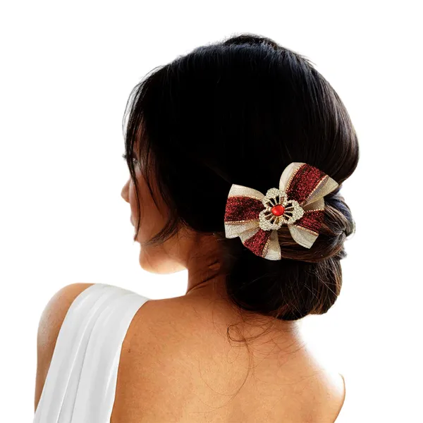 "Elegant_Zari_Net_Fabric_Hair_Bow_with_Artificial_Flower,_Nag_Adorn,_and_Secure_Clip_Attachment_for_Stylish_Hair_Accessory"