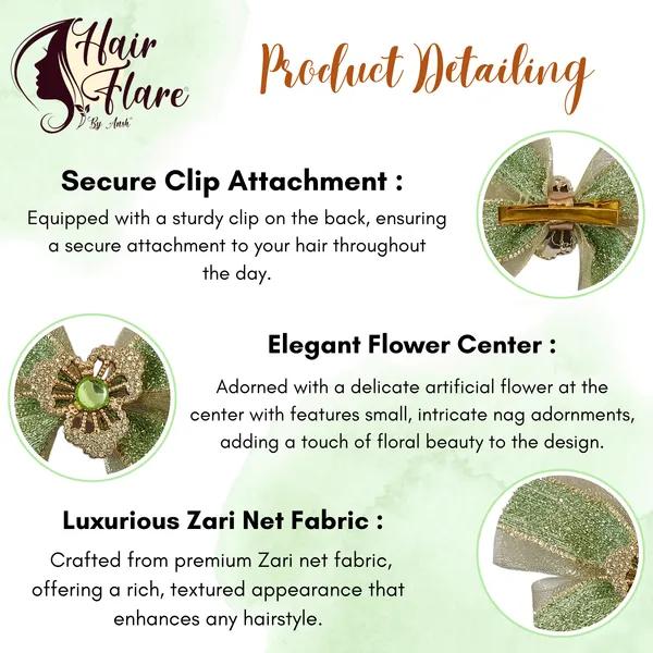 "Elegant_Zari_Net_Fabric_Hair_Bow_with_Artificial_Flower,_Nag_Adorn,_and_Secure_Clip_Attachment_for_Stylish_Hair_Accessory"