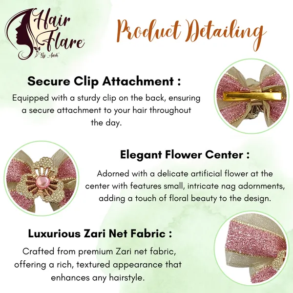"Elegant_Zari_Net_Fabric_Hair_Bow_with_Artificial_Flower,_Nag_Adorn,_and_Secure_Clip_Attachment_for_Stylish_Hair_Accessory"