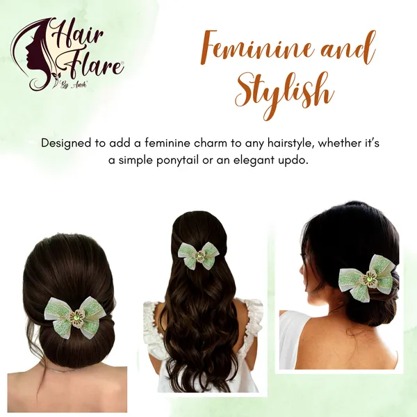 "Elegant_Zari_Net_Fabric_Hair_Bow_with_Artificial_Flower,_Nag_Adorn,_and_Secure_Clip_Attachment_for_Stylish_Hair_Accessory"