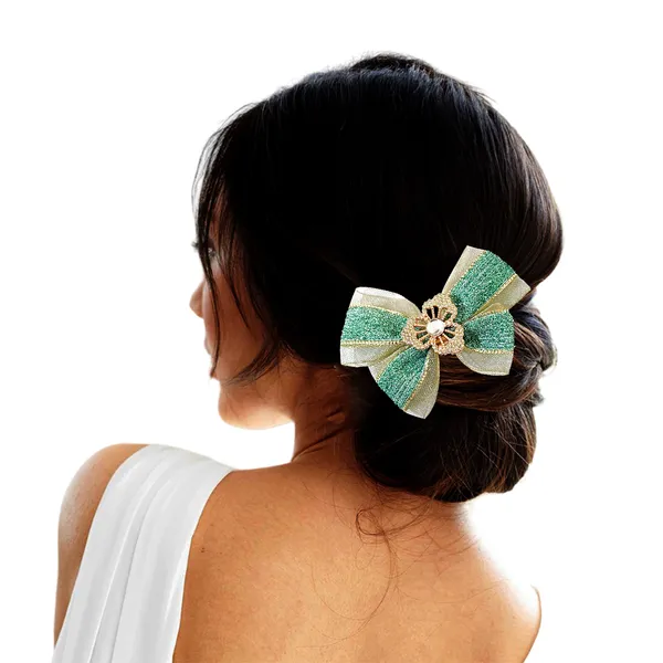 "Elegant_Zari_Net_Fabric_Hair_Bow_with_Artificial_Flower,_Nag_Adorn,_and_Secure_Clip_Attachment_for_Stylish_Hair_Accessory"