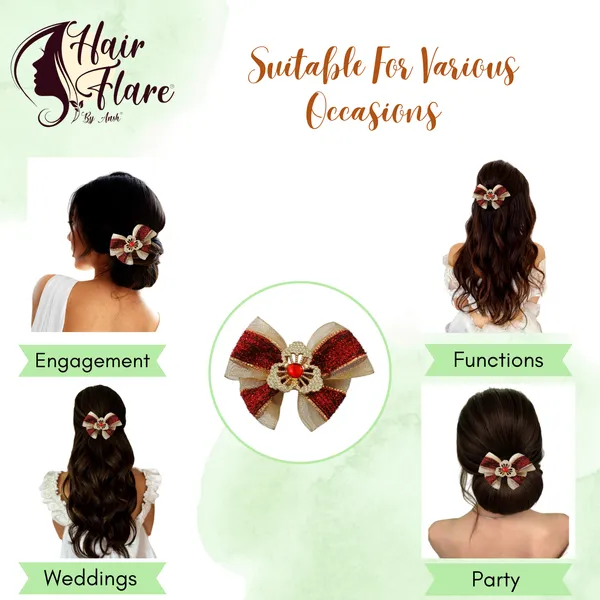 "Elegant_Zari_Net_Fabric_Hair_Bow_with_Artificial_Flower,_Nag_Adorn,_and_Secure_Clip_Attachment_for_Stylish_Hair_Accessory"