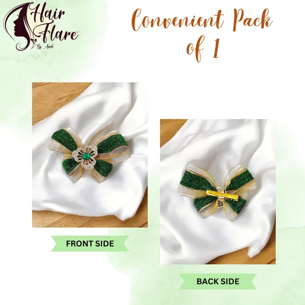 "Elegant_Zari_Net_Fabric_Hair_Bow_with_Artificial_Flower,_Nag_Adorn,_and_Secure_Clip_Attachment_for_Stylish_Hair_Accessory"