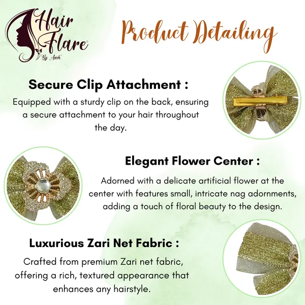 "Elegant_Zari_Net_Fabric_Hair_Bow_with_Artificial_Flower,_Nag_Adorn,_and_Secure_Clip_Attachment_for_Stylish_Hair_Accessory"