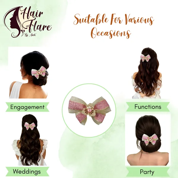"Elegant_Zari_Net_Fabric_Hair_Bow_with_Artificial_Flower,_Nag_Adorn,_and_Secure_Clip_Attachment_for_Stylish_Hair_Accessory"