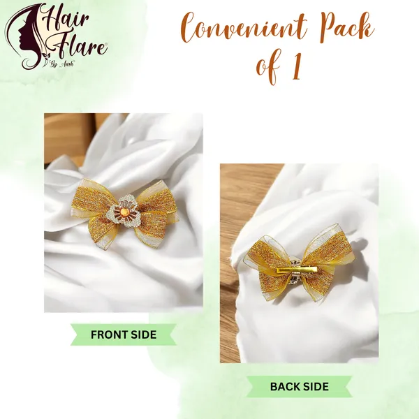 "Elegant_Zari_Net_Fabric_Hair_Bow_with_Artificial_Flower,_Nag_Adorn,_and_Secure_Clip_Attachment_for_Stylish_Hair_Accessory"