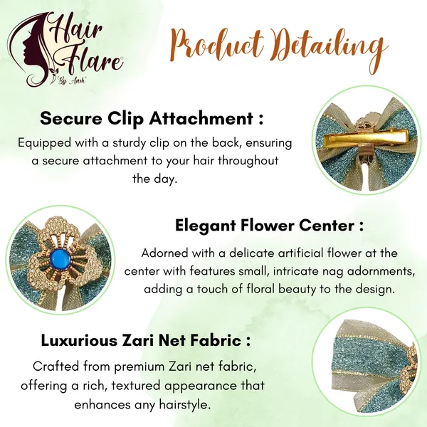 "Elegant_Zari_Net_Fabric_Hair_Bow_with_Artificial_Flower,_Nag_Adorn,_and_Secure_Clip_Attachment_for_Stylish_Hair_Accessory"