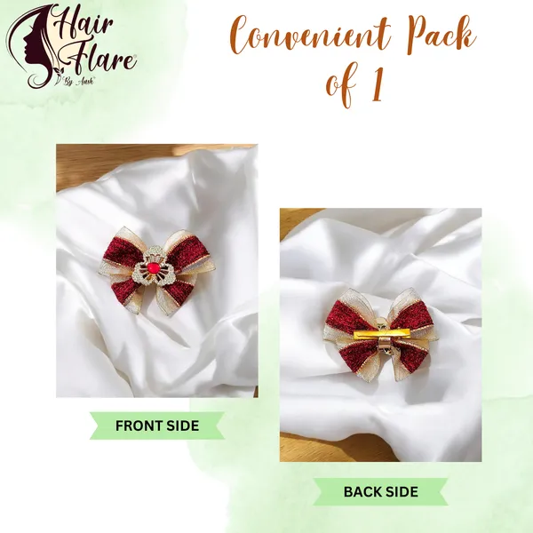 "Elegant_Zari_Net_Fabric_Hair_Bow_with_Artificial_Flower,_Nag_Adorn,_and_Secure_Clip_Attachment_for_Stylish_Hair_Accessory"