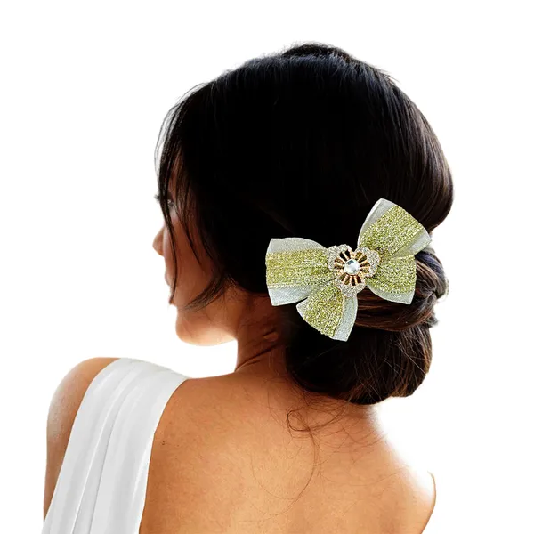 "Elegant_Zari_Net_Fabric_Hair_Bow_with_Artificial_Flower,_Nag_Adorn,_and_Secure_Clip_Attachment_for_Stylish_Hair_Accessory"