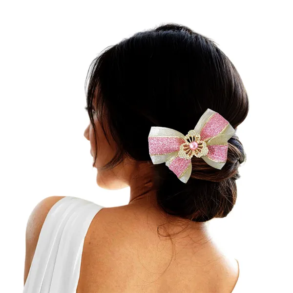 "Elegant_Zari_Net_Fabric_Hair_Bow_with_Artificial_Flower,_Nag_Adorn,_and_Secure_Clip_Attachment_for_Stylish_Hair_Accessory"