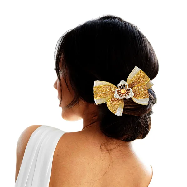 "Elegant_Zari_Net_Fabric_Hair_Bow_with_Artificial_Flower,_Nag_Adorn,_and_Secure_Clip_Attachment_for_Stylish_Hair_Accessory"