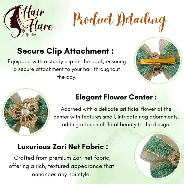 "Elegant_Zari_Net_Fabric_Hair_Bow_with_Artificial_Flower,_Nag_Adorn,_and_Secure_Clip_Attachment_for_Stylish_Hair_Accessory"