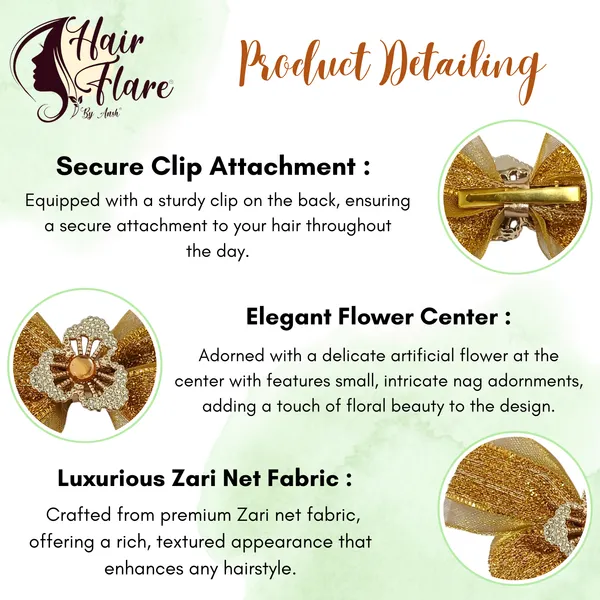 "Elegant_Zari_Net_Fabric_Hair_Bow_with_Artificial_Flower,_Nag_Adorn,_and_Secure_Clip_Attachment_for_Stylish_Hair_Accessory"