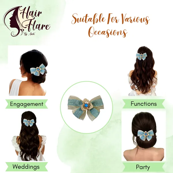 "Elegant_Zari_Net_Fabric_Hair_Bow_with_Artificial_Flower,_Nag_Adorn,_and_Secure_Clip_Attachment_for_Stylish_Hair_Accessory"