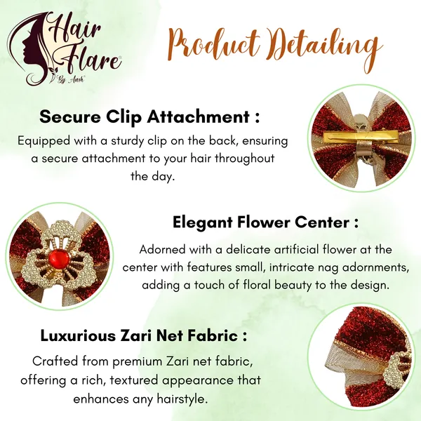 "Elegant_Zari_Net_Fabric_Hair_Bow_with_Artificial_Flower,_Nag_Adorn,_and_Secure_Clip_Attachment_for_Stylish_Hair_Accessory"