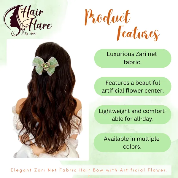 "Elegant_Zari_Net_Fabric_Hair_Bow_with_Artificial_Flower,_Nag_Adorn,_and_Secure_Clip_Attachment_for_Stylish_Hair_Accessory"