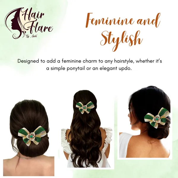 "Elegant_Zari_Net_Fabric_Hair_Bow_with_Artificial_Flower,_Nag_Adorn,_and_Secure_Clip_Attachment_for_Stylish_Hair_Accessory"