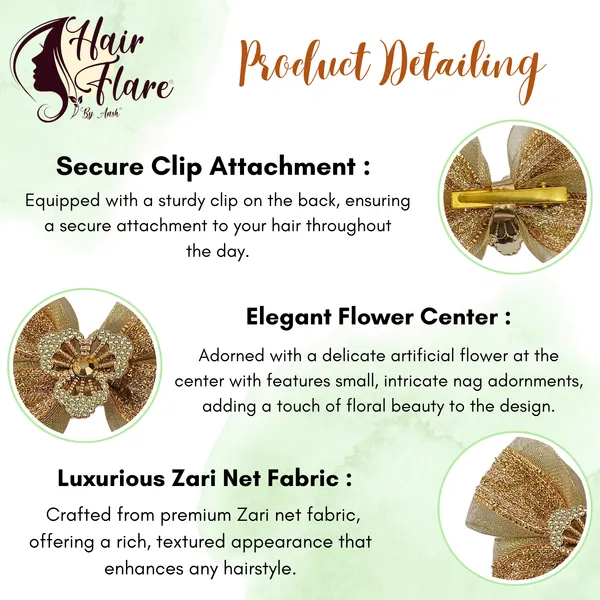 "Elegant_Zari_Net_Fabric_Hair_Bow_with_Artificial_Flower,_Nag_Adorn,_and_Secure_Clip_Attachment_for_Stylish_Hair_Accessory"