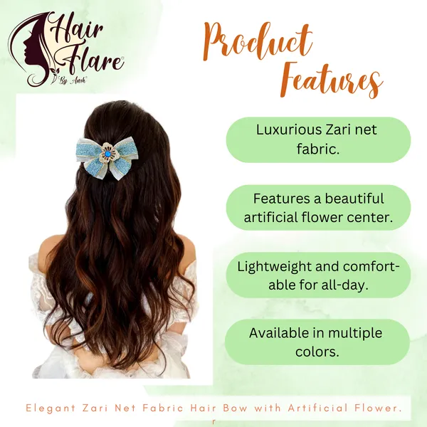"Elegant_Zari_Net_Fabric_Hair_Bow_with_Artificial_Flower,_Nag_Adorn,_and_Secure_Clip_Attachment_for_Stylish_Hair_Accessory"