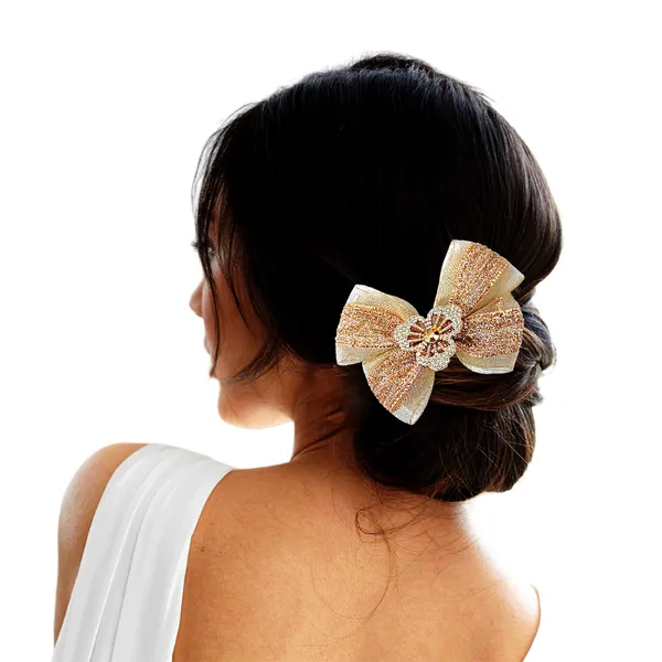 "Elegant_Zari_Net_Fabric_Hair_Bow_with_Artificial_Flower,_Nag_Adorn,_and_Secure_Clip_Attachment_for_Stylish_Hair_Accessory"