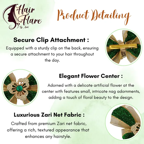 "Elegant_Zari_Net_Fabric_Hair_Bow_with_Artificial_Flower,_Nag_Adorn,_and_Secure_Clip_Attachment_for_Stylish_Hair_Accessory"