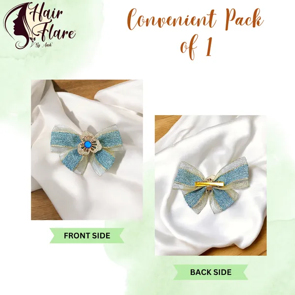 "Elegant_Zari_Net_Fabric_Hair_Bow_with_Artificial_Flower,_Nag_Adorn,_and_Secure_Clip_Attachment_for_Stylish_Hair_Accessory"