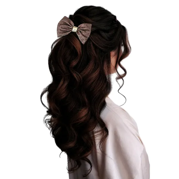 "Shimmering_Fabric_Hair_Bow_with_Center_Rexin_Fold_and_Secure_Clip_for_Elegant_and_Stylish_Hair_Accessories"