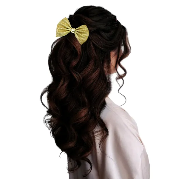 "Shimmering_Fabric_Hair_Bow_with_Center_Rexin_Fold_and_Secure_Clip_for_Elegant_and_Stylish_Hair_Accessories"