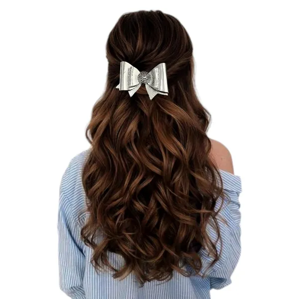 "Rexin_Fabric_Hair_Bow_with_Antique_Flower_Center_and_Crystal_Adornments,_Featuring_Secure_Clip_for_Hair_Attachment"