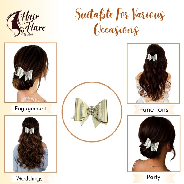 "Rexin_Fabric_Hair_Bow_with_Antique_Flower_Center_and_Crystal_Adornments,_Featuring_Secure_Clip_for_Hair_Attachment"