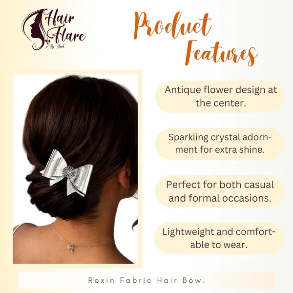 "Rexin_Fabric_Hair_Bow_with_Antique_Flower_Center_and_Crystal_Adornments,_Featuring_Secure_Clip_for_Hair_Attachment"