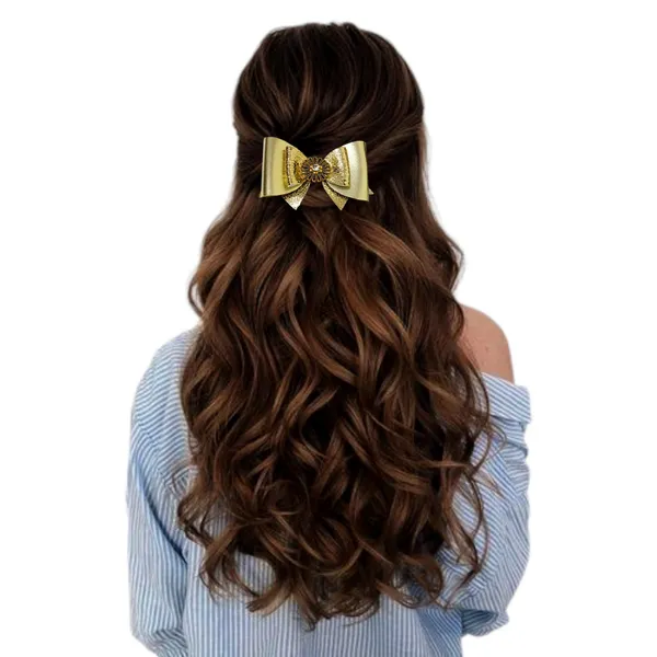 "Rexin_Fabric_Hair_Bow_with_Antique_Flower_Center_and_Crystal_Adornments,_Featuring_Secure_Clip_for_Hair_Attachment"