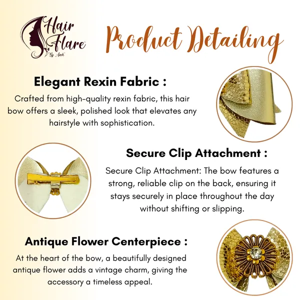 "Rexin_Fabric_Hair_Bow_with_Antique_Flower_Center_and_Crystal_Adornments,_Featuring_Secure_Clip_for_Hair_Attachment"