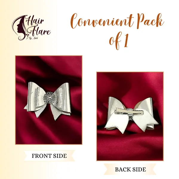 "Rexin_Fabric_Hair_Bow_with_Antique_Flower_Center_and_Crystal_Adornments,_Featuring_Secure_Clip_for_Hair_Attachment"