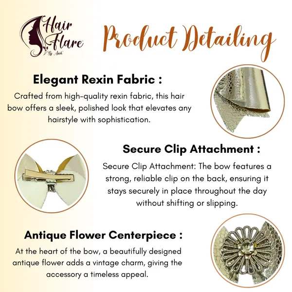 "Rexin_Fabric_Hair_Bow_with_Antique_Flower_Center_and_Crystal_Adornments,_Featuring_Secure_Clip_for_Hair_Attachment"
