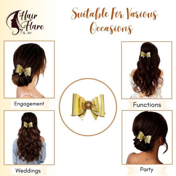 "Rexin_Fabric_Hair_Bow_with_Antique_Flower_Center_and_Crystal_Adornments,_Featuring_Secure_Clip_for_Hair_Attachment"