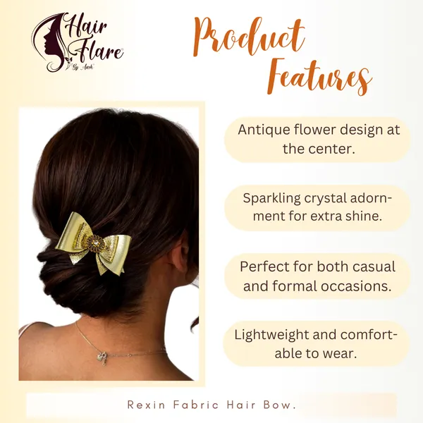 "Rexin_Fabric_Hair_Bow_with_Antique_Flower_Center_and_Crystal_Adornments,_Featuring_Secure_Clip_for_Hair_Attachment"