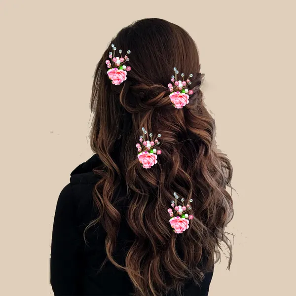 Artificial_Plastic_Rounded_Rose_Flower_Design_Hairpin/Accessories_With_Pearl/_Stone_For_Women_&_Girls_(Set_Of_4)_(14_X_8_X_1_Cm)
