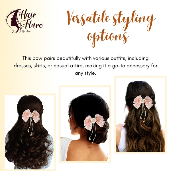 Elegant_three-layered_fabric_hair_bow_with_plastic_flower,_kundan_adornment,_pearl_and_bead_branches,_and_golden_clip_attachment.