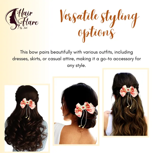 Elegant_three-layered_fabric_hair_bow_with_plastic_flower,_kundan_adornment,_pearl_and_bead_branches,_and_golden_clip_attachment.