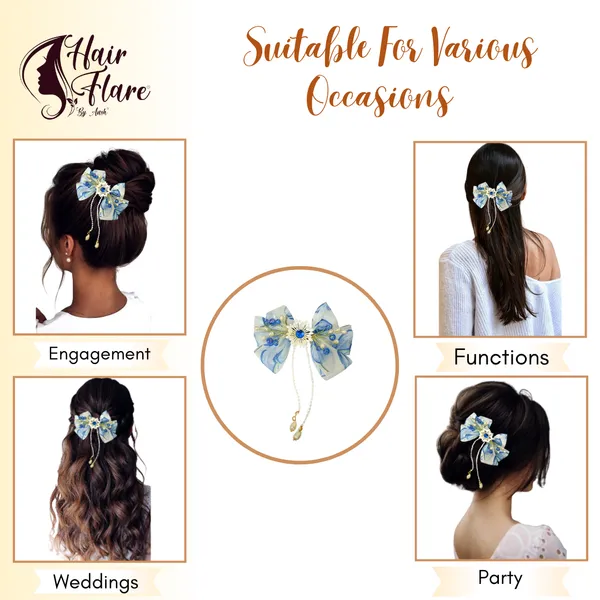 Elegant_three-layered_fabric_hair_bow_with_plastic_flower,_kundan_adornment,_pearl_and_bead_branches,_and_golden_clip_attachment.