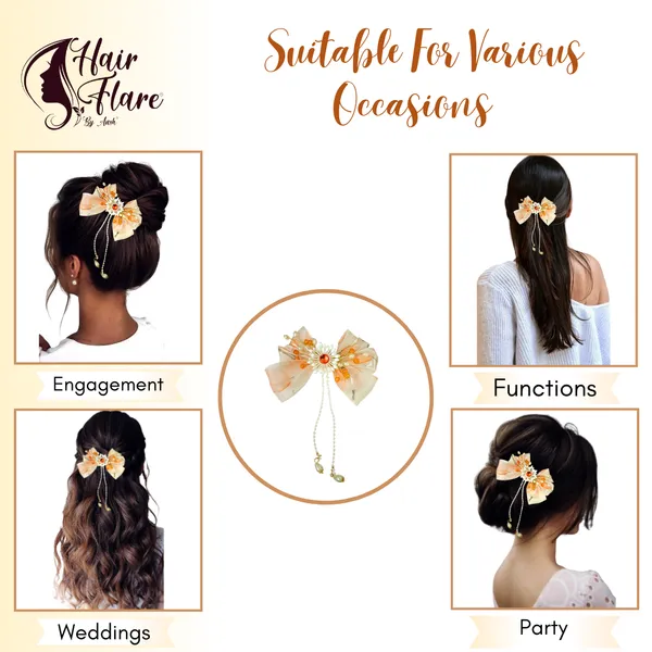 Elegant_three-layered_fabric_hair_bow_with_plastic_flower,_kundan_adornment,_pearl_and_bead_branches,_and_golden_clip_attachment.
