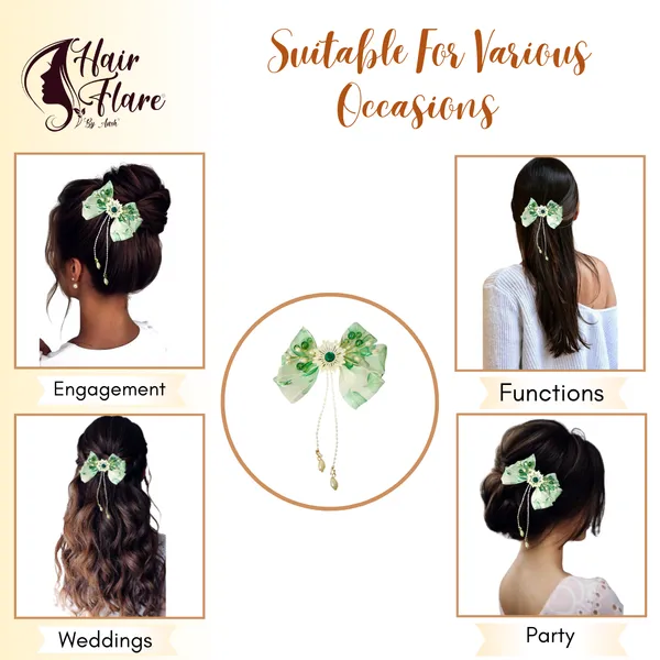 Elegant_three-layered_fabric_hair_bow_with_plastic_flower,_kundan_adornment,_pearl_and_bead_branches,_and_golden_clip_attachment.