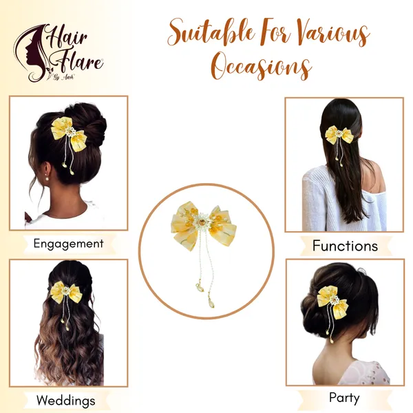 Elegant_three-layered_fabric_hair_bow_with_plastic_flower,_kundan_adornment,_pearl_and_bead_branches,_and_golden_clip_attachment.