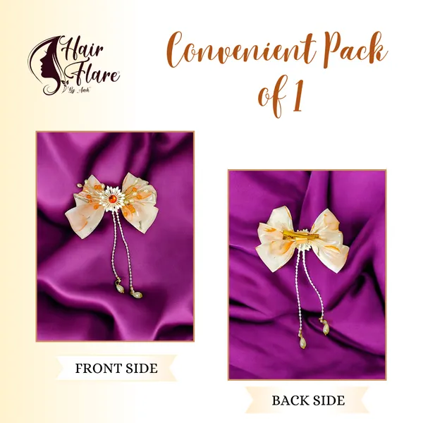 Elegant_three-layered_fabric_hair_bow_with_plastic_flower,_kundan_adornment,_pearl_and_bead_branches,_and_golden_clip_attachment.
