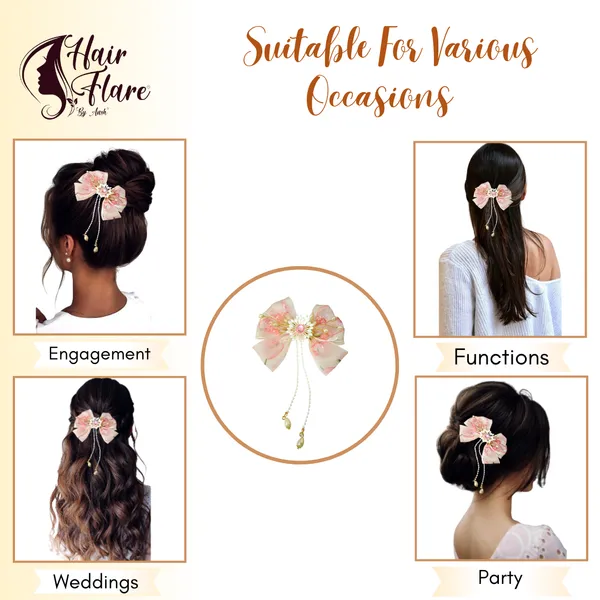 Elegant_three-layered_fabric_hair_bow_with_plastic_flower,_kundan_adornment,_pearl_and_bead_branches,_and_golden_clip_attachment.